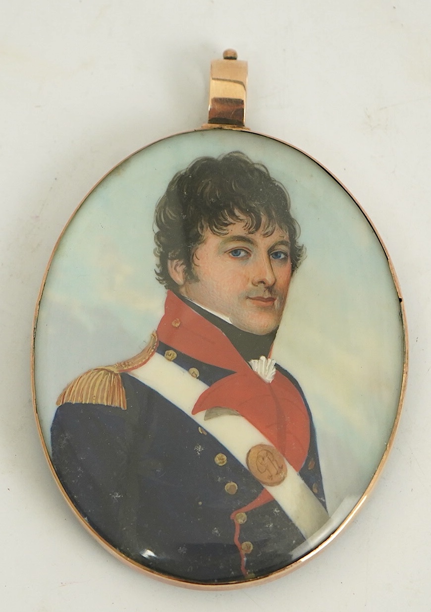 Frederick Buck (1771-1840), Miniature portrait of an army officer, watercolour on ivory, 6.5 x 5cm, gold locket frame with later blue enamelled back, CITES Submission reference FGWU6NF3